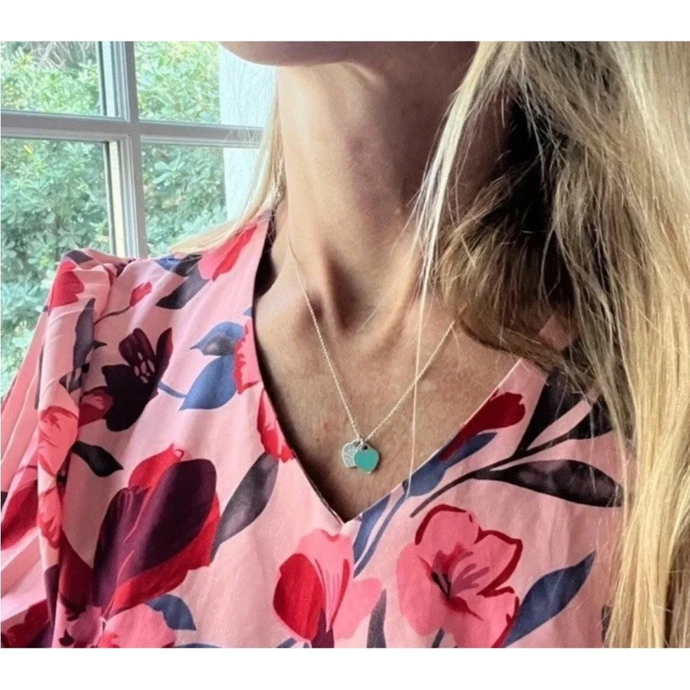 Tiffany & Co 💯% Auth 925 Silver Blue Mini Double Heart Necklace✨w/Pouch✨EUC✨